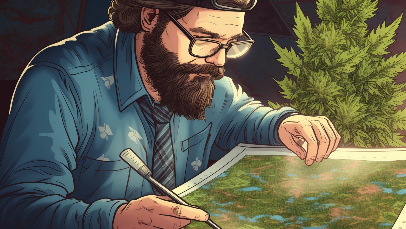 Where To Get Delta 8 Cartridges? 4 Indacloud. A Man Looking At A Cannabis Themed Map Comic Style 8A706E65 A471 4274 9F91 9712F8Ea73F6