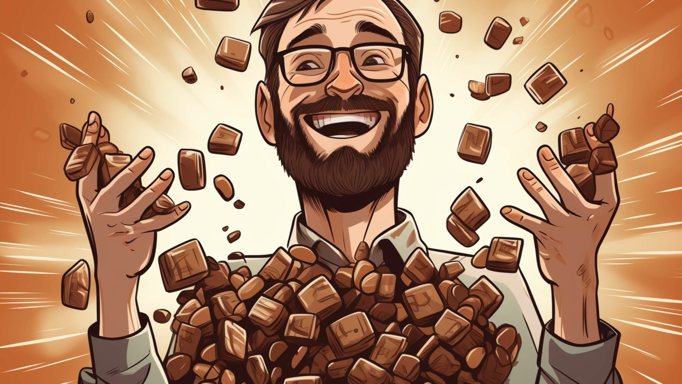 A Guide To Delta 8 Chocolates 4 Indacloud. A Very Happy Man With Piles Of Small Chocolate Candi 03899D8B 649A 4B16 94D2 Afd97Bc805F9